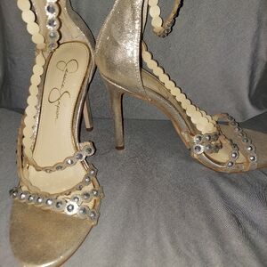 Jessica Simpson Size 7.5 Gold Embellished Heeled Zip Up Sandals